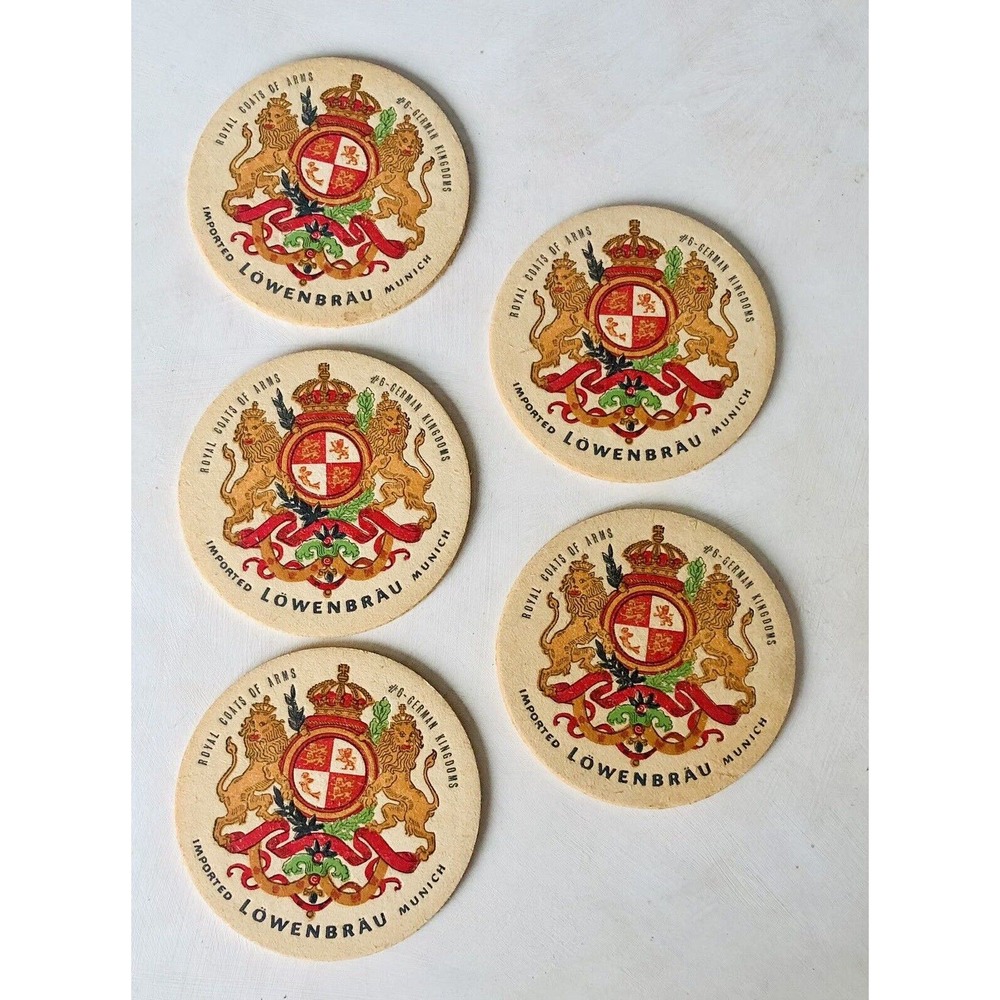 Vintage 1960s Lowenbrau Munich Beer 5 Coasters Hans Holterbosch German Kingdoms
